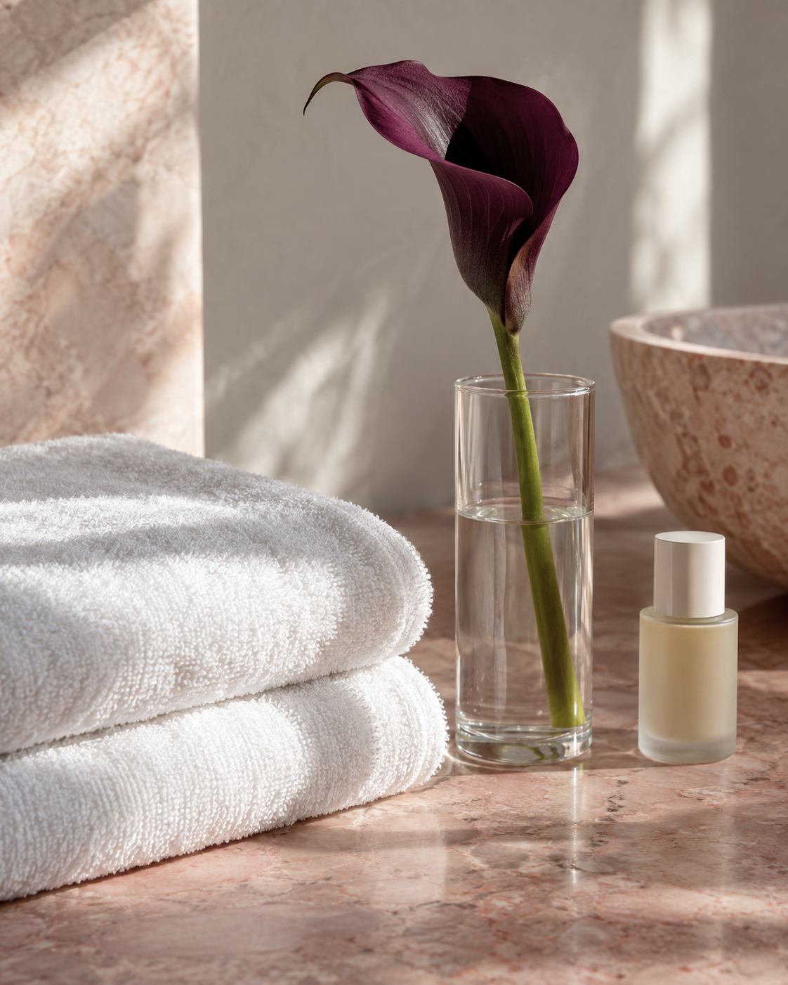 Белые полотенца и цветок в вазе — иллюстрация атмосферы Beauty Space